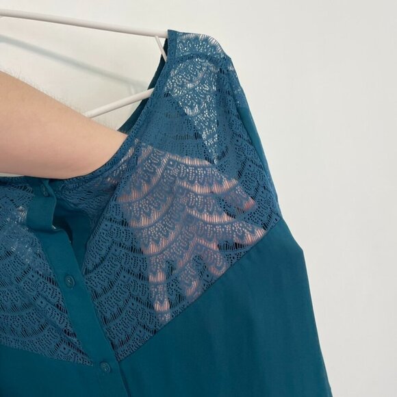 TORRID 2 Plus Size Lace Inset Georgette Blouse Solid Teal Blue Green Long Sleeve - Picture 15 of 16
